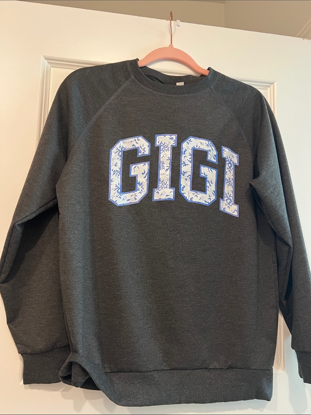 Beginning Boutique Dark Charcoal Sweatshirt with White and Blue GIGI Lettering
